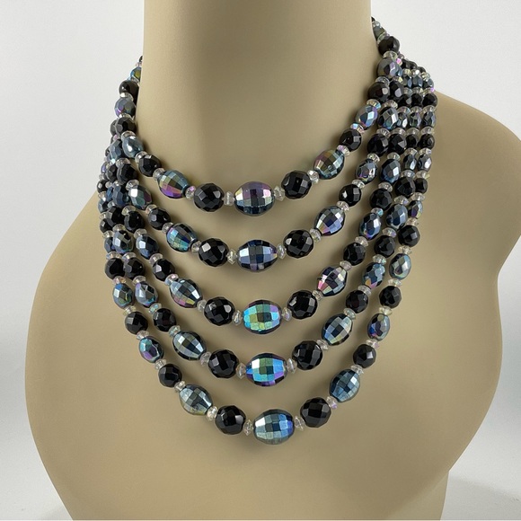 Vtg Black Aurora Borealis Crystal Necklace Vintage 5 Strand Statement Necklace - Picture 5 of 9
